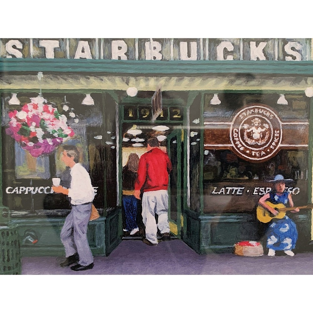 Original Seattle Starbucks Scott Lantz Art Print Matted & Framed, Signed 16x13"